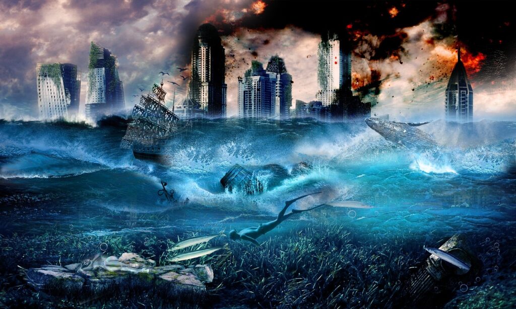 city, seas, flood, fire, disaster